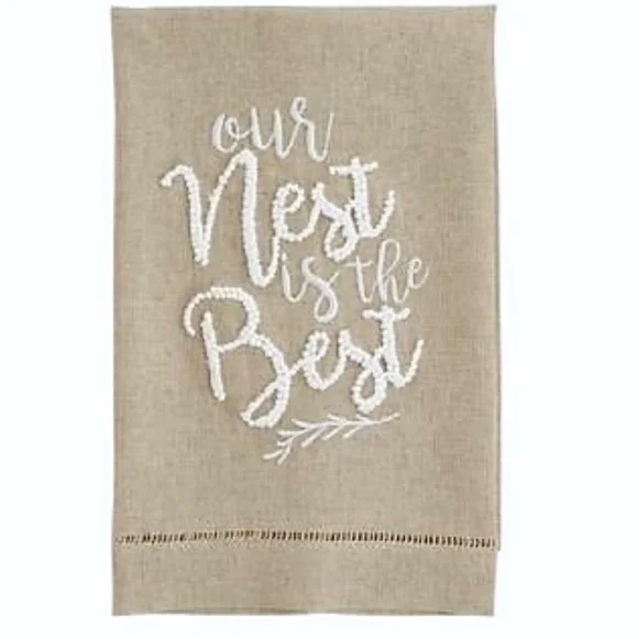 Tan Linen Embroidered Hand Towel Our Nest Is the Best