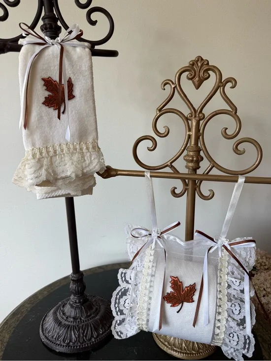 🤎 Hand Crafted Cream Lace Hand Towel & Sachet Set with Brown Leaf Accent 🤎