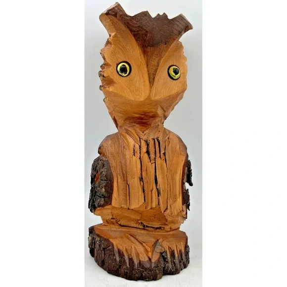 Vintage Handcarved Long Eared Owl On Tree Stump Figure 9 3/8