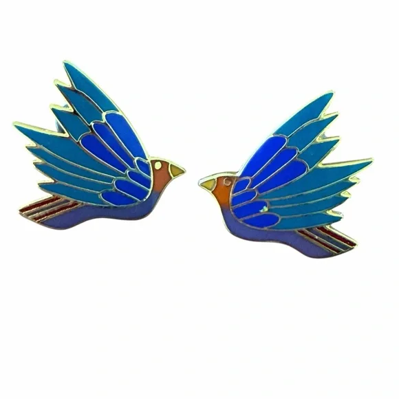 Laurel Burch Celeste Bird Earrings Blue Enamel Gold Tone Signed Vintage