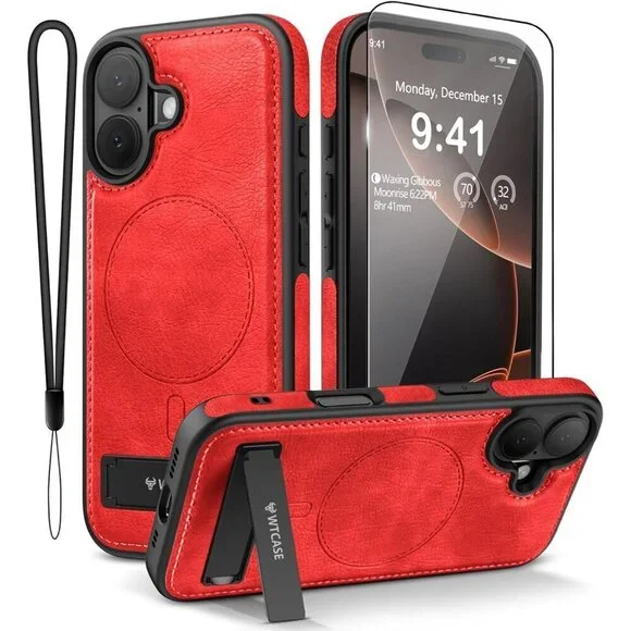 Red Iphone 17 Pro Max Invisible Stand Protective Slim Kickstand Leather Case