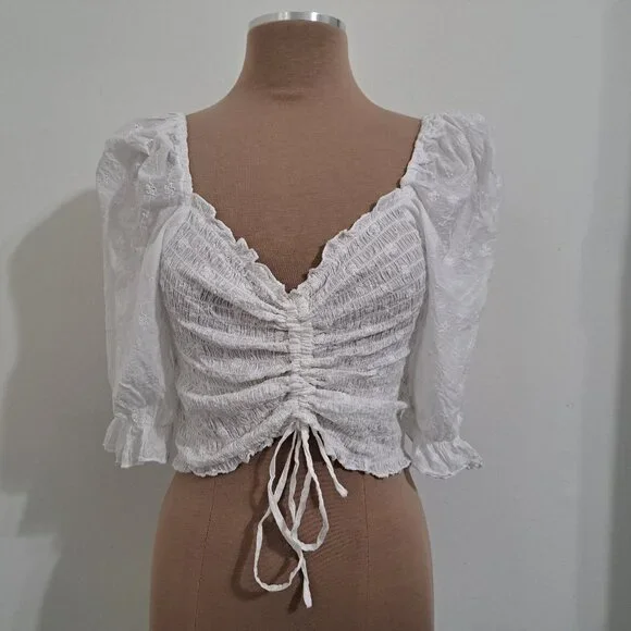 Who's That Girl? Camisole White Crop Top Cotton Eyelet 3/4 Sleeve Size L