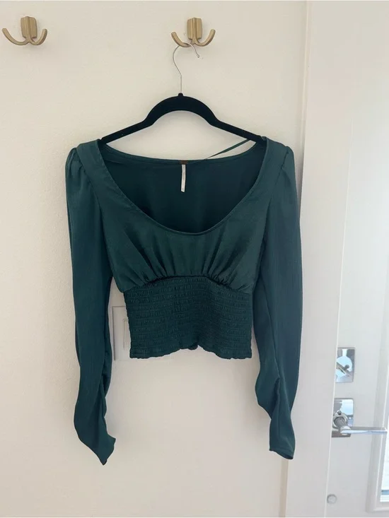 Free People Women's Deep Green Long-Sleeve Smocked Waist Top