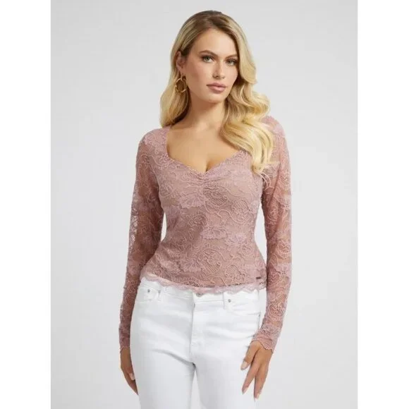 Guess Mauve Sweetheart Neck Lace Top • Coquette Fairycore Baddie Soft Girl Y2K