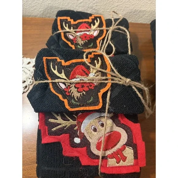Christmas homemade Embroidered Reindeer Bath & Hand Towels set 100% Cotton NWOT