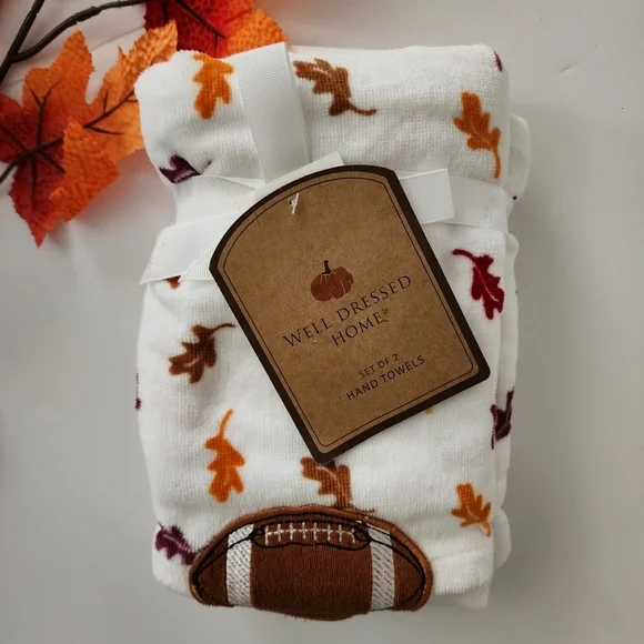 Football Leaves Harvest Embellished 2 Hand Towels 100% Cotton New