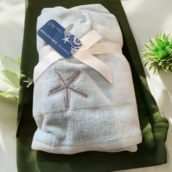 Coastal Collection 2pc Hand Towels Starfish Embroidered Beach Sealife Aqua