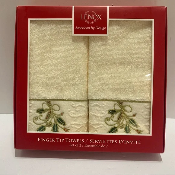 Lenox Ribbon & Holly Finger Tip Towels Set of 2 Christmas Holiday Embroidery NIB