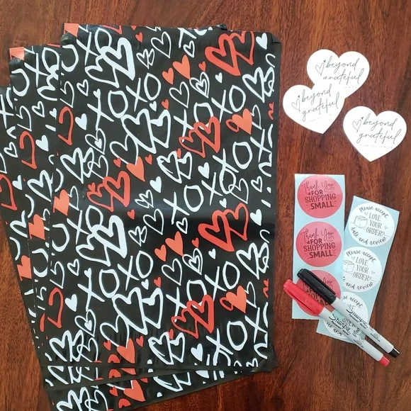 40 Piece Shipping Bundle Polymailers Cards Stickers Red Black Hearts