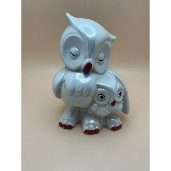 Vintage Owl And Owlet, Mom and Baby Ceramic Figurine and Night‎ Light Lamp