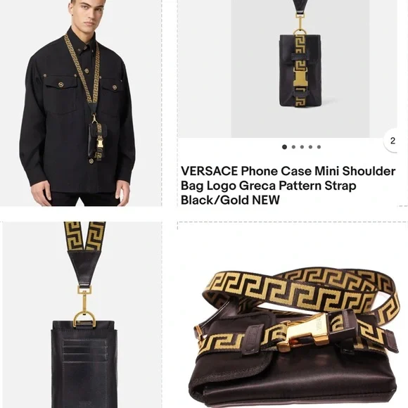 VERSACE LANYARD PHONE CASE WITH MINI SHOULDER/ NECK LOGO GRECA PATTERN STRAP