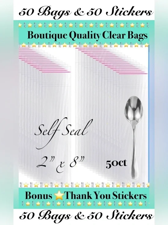 50ct 2x8” Clear Cello Bags w/50ct Free Stickers 🍃🆕🍃Crystal Clear~ Resealable…