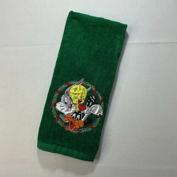 VTG 90s Looney Tunes Christmas Hand Towel Green Bugs Daffy Tweety Sylvester‎ EUC