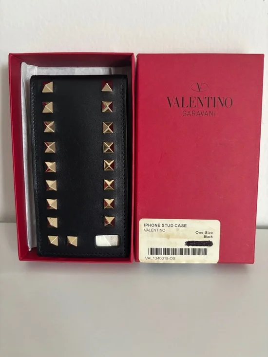 Valentino Garavani Black Leather Stud Phone Case with Gold Pyramid Studs