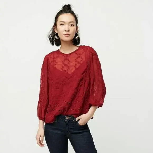 J Crew Red Eyelet Peasant Blouse Medium NWT MSRP $110