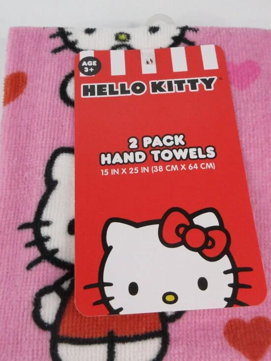 Hello Kitty Hand Towel Set 2 Pack 100% Cotton Sanrio Pink 15
