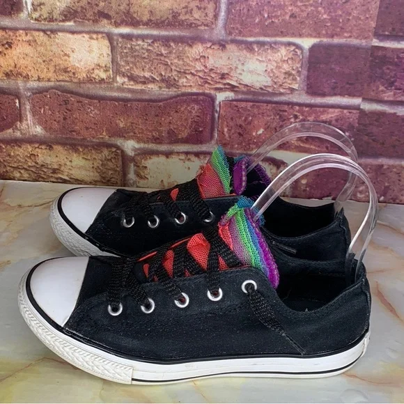 Converse All Star Black Low Top Rainbow Tulle Lace Up Canvas Sneakers