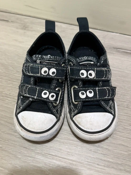 Converse Kids Black Canvas Velcro Sneakers with White Toe Cap