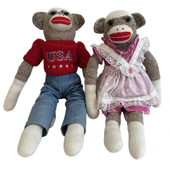 Pair of Handmade Patriotic Sock Monkeys USA‎ Red Sweater Girl Pink Dress Toys