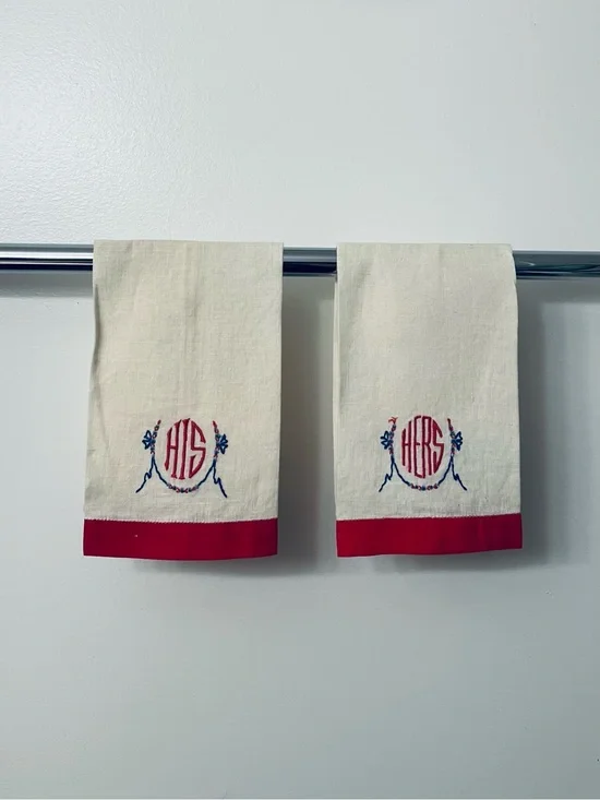 Vintage His and Hers Embroidered Linen Fingertip Towels