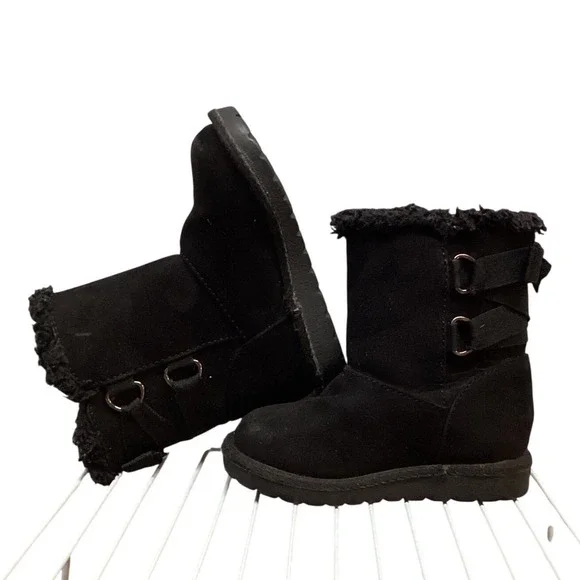 Kids Black Faux Suede Fur Trimmed Boots Buckle Detail Size 5