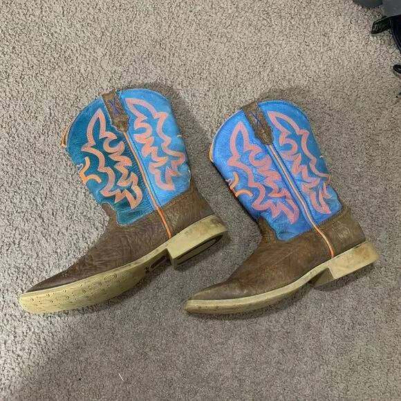 Twisted X YHY0001 Brown Blue Leather Neon Stitching Cowboy Boot Youth Size 4M