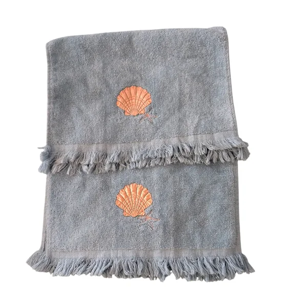Cannon Vintage Royal 2pc Set Blue Cotton‎ Embroidered Satin Seashell Hand Towels