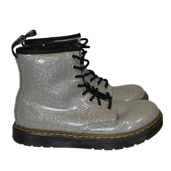 Dr. Martens Zavala J Kids Size 4 Silver Glitter Combat Boots Ankle Zip Sparkle