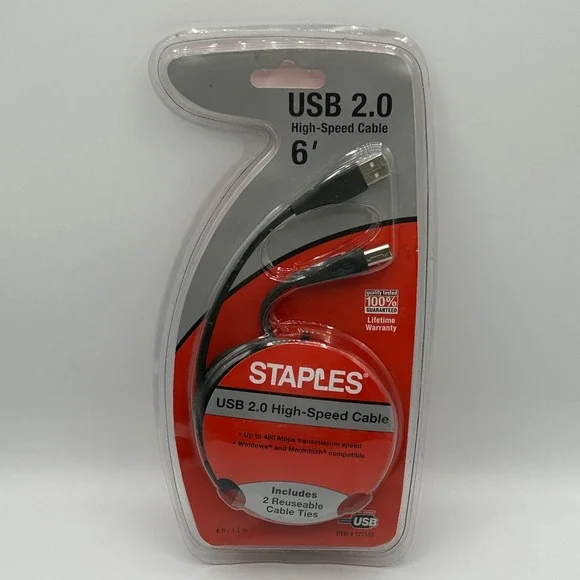 Staples USB 2.0 High Speed Cable 6 ft Black Includes 2 Cable Ties NEW IN PACKAGE