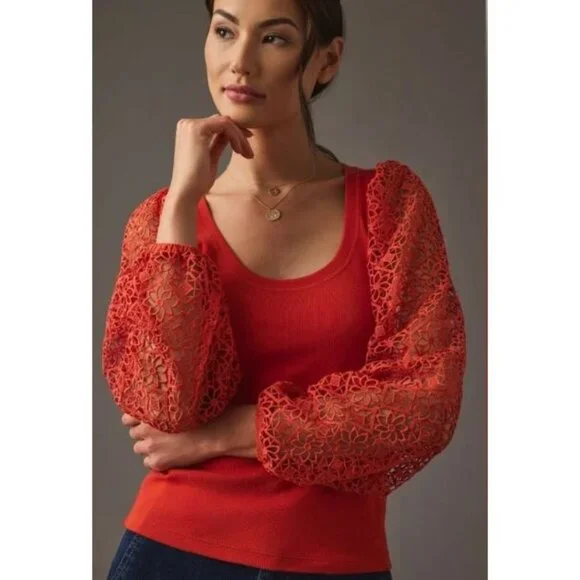 MAEVE ANTHROPOLOGIE lace sleeve top in dark orange size S