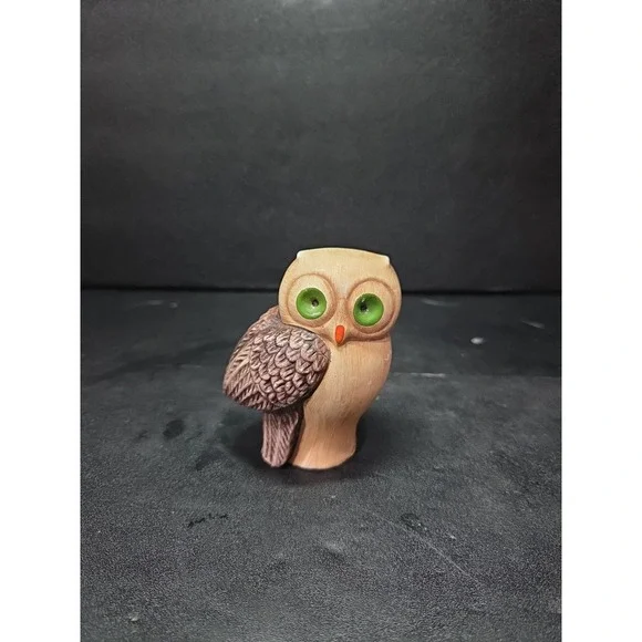 Owl Figurine with Green‎ Eyes, Vintage Ceramic Owl, Made in Portugal, Vtg Decor