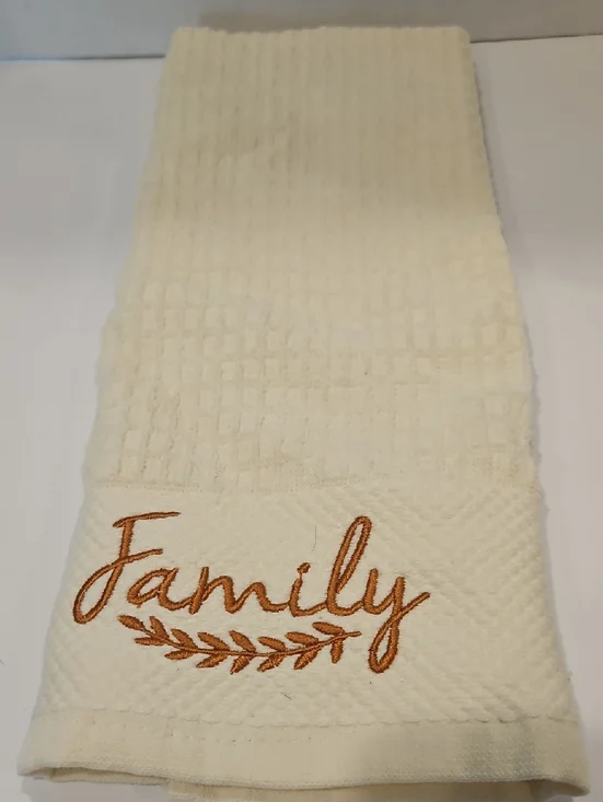 Embroidered 'Family' Cream Waffle Weave Hand Towel