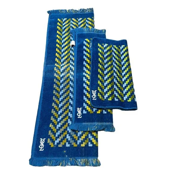 VTG YSL Yves Saint Laurent Blue Retro MCM Terrycloth Fieldcrest 3 Pc Towel Set