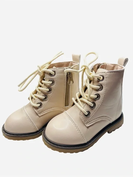 Bums and Roses Kids Cream Lace-Up Boots with Side Zipper Size 6