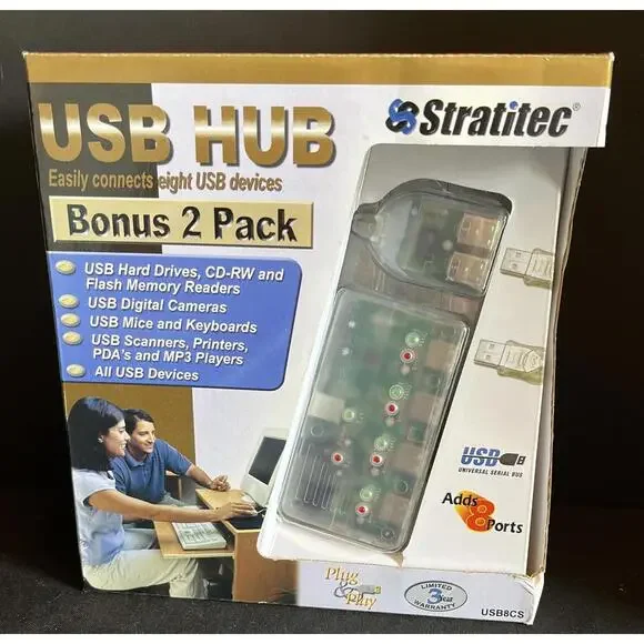 Stratitec 4 Port USB Hub Bonus 2 Pk NIB Connect 8 USB Devices Flash Hard Drive