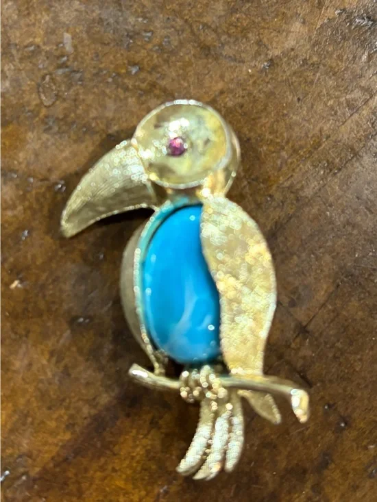 Gold-Tone Parrot Brooch with Turquoise Cabochon and Pink Accent