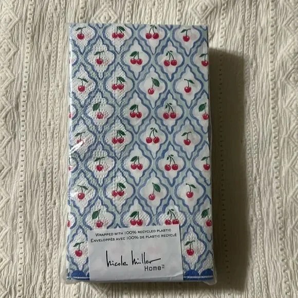 nicole miller Home 40 x 1pk Guest Paper Towel Napkins White Blue Cherry Trellis