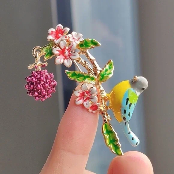 Enamel Brooch – Bird Reaching for‎ Berry on Floral Branch – Nature-Inspired Pin