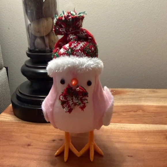 Charming Pink Bird Toy with Festive Red Hat