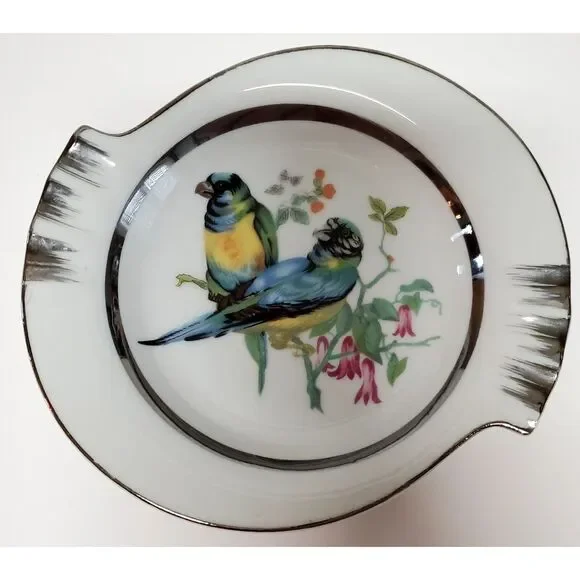 Norleans Ashtray Parrot Bird Japan Hand Paint Dish Ring Hold Porcelain Bl/Grn/Yl
