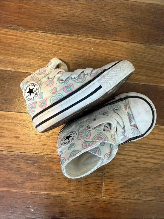 Converse Kids White High-Top Sneakers with Pink and Mint Heart Print