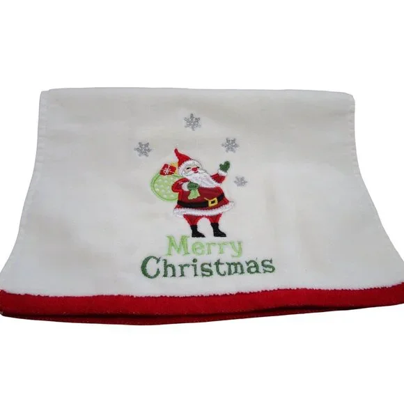 Merry Christmas Santa Embroidered Holiday Hand Towel Jinglis and Joy EUC