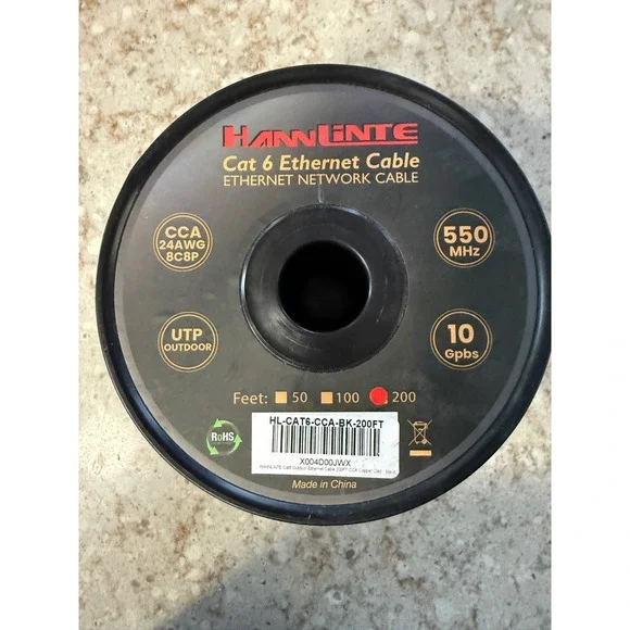 HANNLINTE Cat 6 Outdoor Ethernet Cable 200FT Black 24AWG 550MHz HL-CAT6-CCA-BK