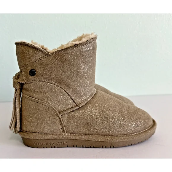 Bearpaw Mia Youth 2026Y/ Pewter Distressed‎ Glitter fringe tan boots Size 13