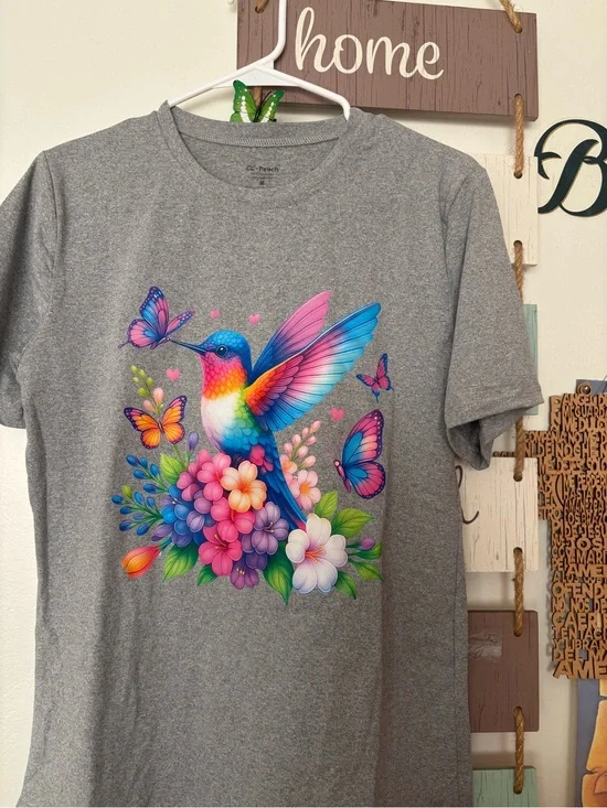 Gray T-Shirt with Colorful Hummingbird & Floral Print