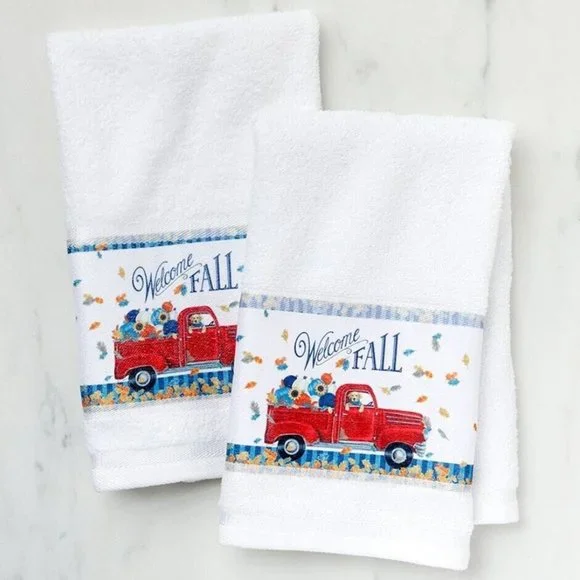 Set 2 Welcome Fall PICKUP TRUCK & DOG HAND TOWELS Leaves