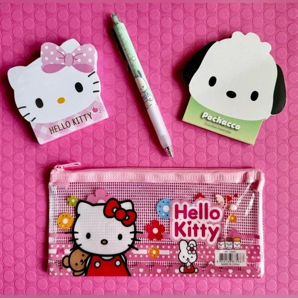 New Sanrio Pochacco & Hello Kitty Zip Pouch, Pen, Note Pads Stationery Set of 4