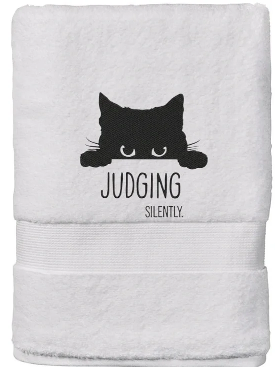 Cat Embroidered Hand Towel Made to order Judging silently. Funny made to order