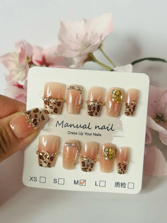 Neutral Pink Leopard Press-On Nails with Gold Gems (xs,s,m)
