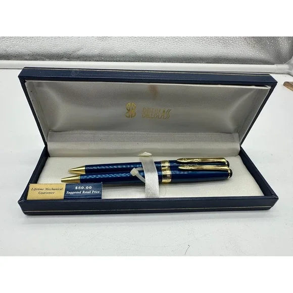 Bill Blass Manhattan Pen and Pencil Set Blue Gold Tone Vintage 231-2 Boxed
